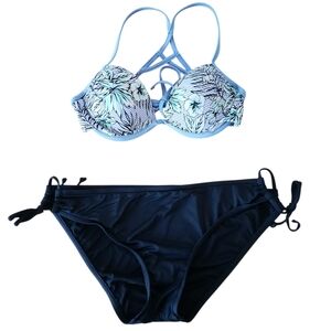 Xhilaration Bikini Set Blue Floral Bikini Top Size S Black Bikini Bottom Size M